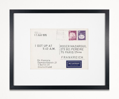 © On Kawara, I Got Up at 9.43 A.M., 1976, Tinte auf Postkarte, Courtesy: Larkin Erdmann Fine Art (Rückseite)